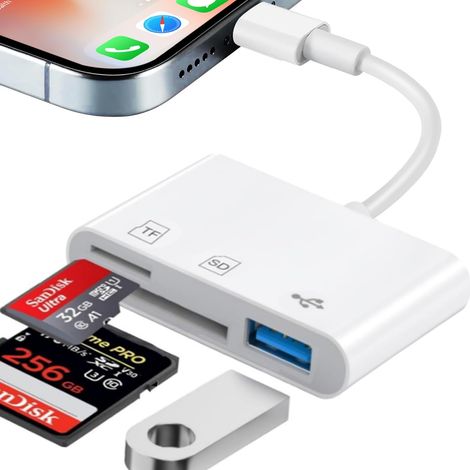 Lettore di schede SD per iPhone, lettore di schede SD/Micro SD a doppio slot, adattatore per schede di memoria della fotocamera, adattatore per lettore di schede SD per iPhone 14/13/12/11/8/7/6/Plus/P