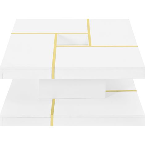 Mesa de centro cuadrada de 2 niveles, aglomerado blanco y detalles dorados, 80 x 80 x 38 cm (1/5)