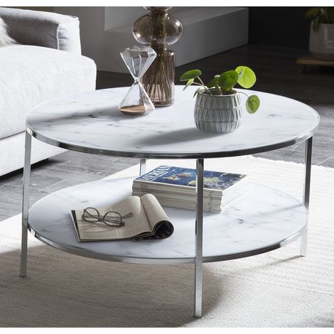Table basse ronde de salon en verre effet marbre blanc et métal chromé avec 2 plateaux Ø 80 cm - PANGIVO (1/5)