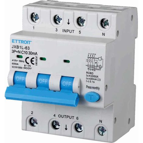 ETTROIT INTERRUTTORE MAGNETOTERMICO DIFFERENZIALE SALVAVITA PER BARRA DIN 4 MODULI 3P+N 10A C10 380V 30mA 6KA (1/3)