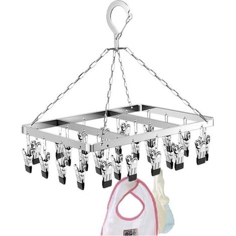(Black)Seche-Chaussettes to 26 Clips, etendoir to Laundry in stainless steel for Rope to Laundry, with Hook cutting-wind (Black) (1/5)
