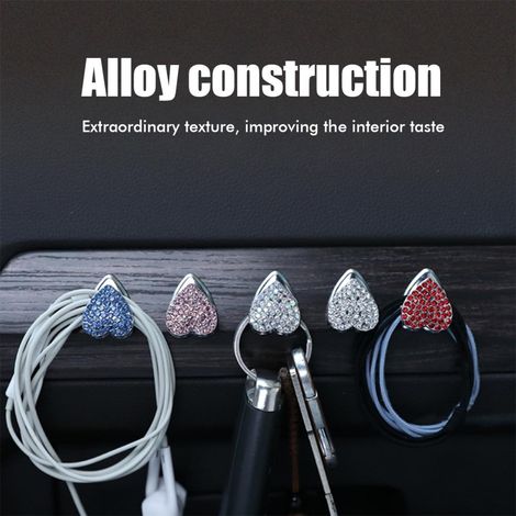 Lot de 5 crochets décoratifs en forme de cœur, autocollants et ornés de cristaux, pour voiture, à fixer sur le tableau de bord (clés, coque de téléphone, câble de chargement). (1/4)