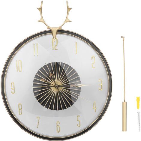 Pendule murale ronde en laiton, horloge à balancier avec bois de cerf, décoration suspendue pour bureau et chambre (1/5)