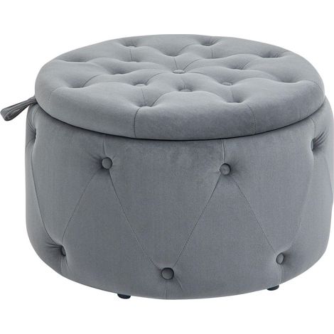 Pouf Rond avec Coffre de Rangement Velours Gris Assise Capitonnée Repose-Pieds 60x60x40cm (1/5)