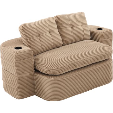 CHICFURN Sofá relax 2 en 1 convertible de terciopelo acanalado, sillón cama extra profundo con respaldo alto, 2 portavasos, reposabrazos desmontables y color caqui (1/5)