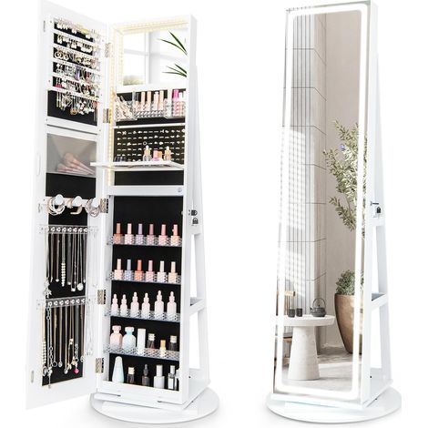 COSTWAY Mobile Portagioie con Specchio a LED, Armadietto Portagioielli Autoportante Girevole, Organizzatore per Gioielli con Chiavi, Mensola Pieghevole, 54,5 x 54,5 x 160 cm(Bianco)