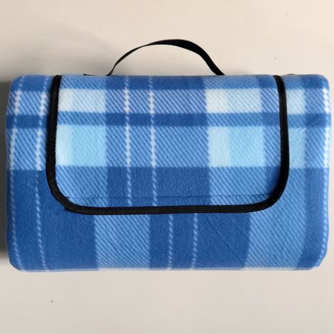 XXL-Fleece-Picknickdecke, 200 x 200 cm, mit Wärmeisolierung, wasserdicht, mit Tragegriff (blau kariert)