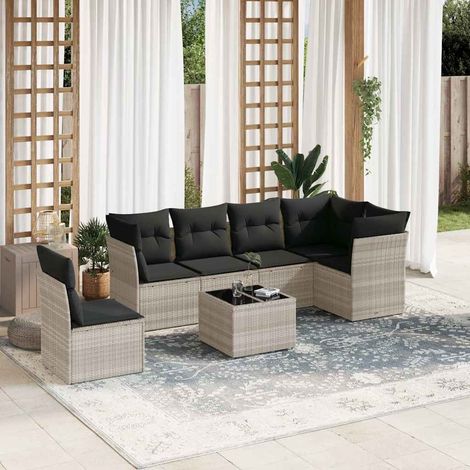 Set de sofás de jardín 7 pzas con cojines ratán PE gris claro vidaXL (1/3)
