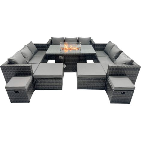 Fimous Rattan Garden Furniture Firepit Dining Set 13 Seater Lounge Sofa Table Set with 4 Footstools