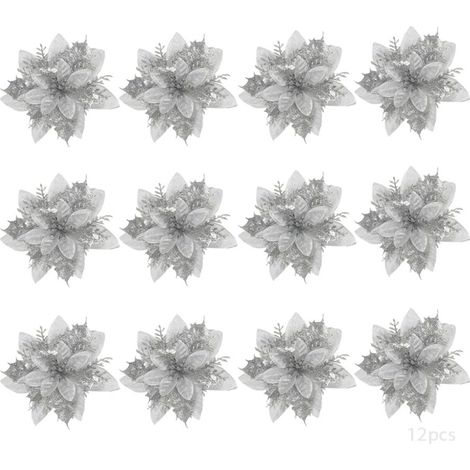 Juego de 12 flores artificiales, flor de Pascua plateada, decoración para árbol de Navidad, tela de plástico brillante, decoración para fiestas. (1/5)