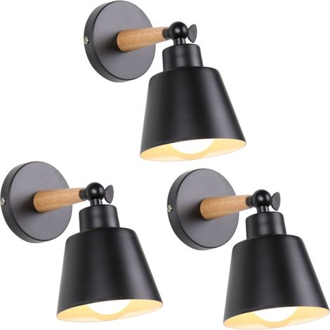 3 Piezas Aplique de Pared Interior Moderno Lámpara de Pared Madera Metal Foco de Luz Ajustable Negro Ø12cm