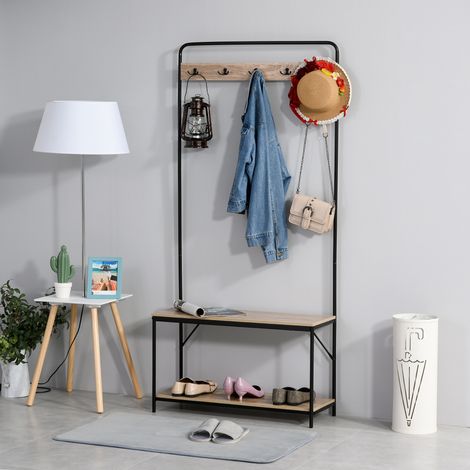 3 en 1 Porte-manteau avec banc et range-chaussures de style industriel, meuble d'entrée vintage en bois et acier, 80,5x30x170 cm, Noir (1/5)