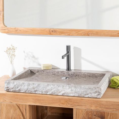 Wanda Collection – Vasque à poser rectangle 70cm en marbre gris – Largeur 48cm – Hauteur 7,5cm – Perçage 35mm pour arrivées d'eau (1/5)