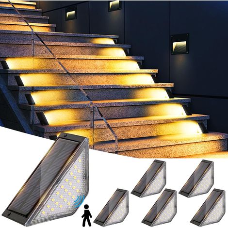 JSSEVN - Luces solares para escaleras, juego de 6 luces LED solares para exteriores, luces solares para jardín con clasificación de impermeabilidad IP67 para escaleras, peldaños, terraza y porche. (1/5)