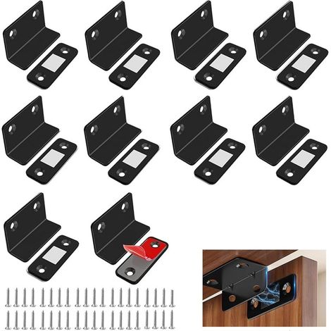 Loquets magnétiques pour portes - Lot de 10 - Verrous magnétiques en forme de L - Autocollants/avec trous - Conviennent aux portes de placards de cuisine et aux portes d'armoires