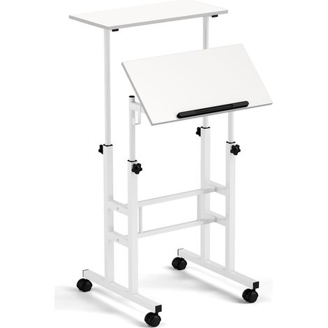 Bureau mobile blanc réglable en hauteur avec plateau inclinable, crochets amovibles et roulettes verrouillables pour bureau et étude (1/5)