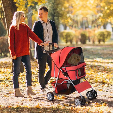Petit chariot chien auvent ajustable panier rangement porte-gobelet 2 roues universelles 75x45x97cm, rouges