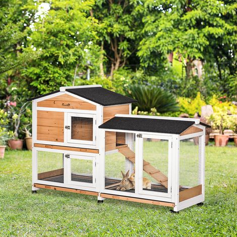 Cage en bois pour lapins, grillagée pour petits animaux, clapier sur roulettes, 2 étages, 3 plateaux extensibles, jaune (1/5)