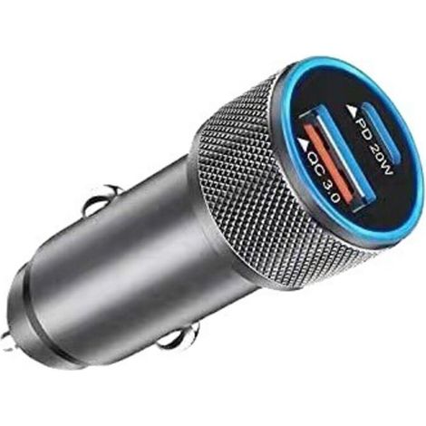 Cargador USB para coche, cargador USB C PD de 20 W de carga rápida, cargador USB A QC3.0 totalmente metálico para iPhone 13 12 Huawei LG. NPTERBL