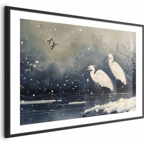 Poster - Aironi presso lo stagno invernale - Illustrazione in stile giapponese con colori scuri (1/4)
