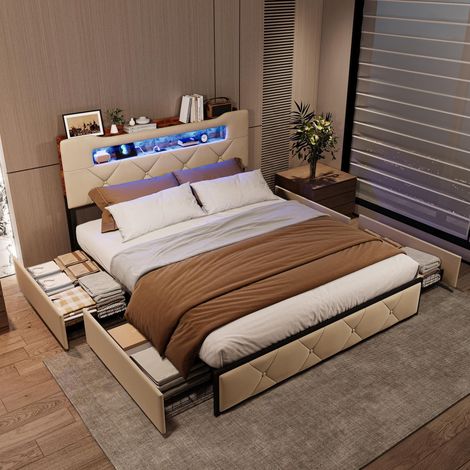Lit double 140x200cm – Tiroirs rangement – Éclairage LED – Port USB – Design moderne pratique - Sommier à lattes – Velours (1/5)