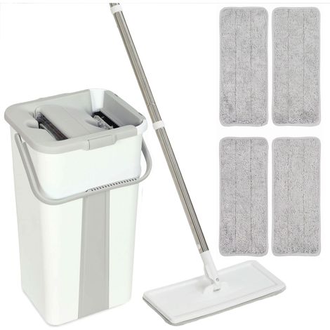 HOMCOM Mop and Bucket Set, Flat Mop System with Wringer, 2 Chambers, White (1/5)