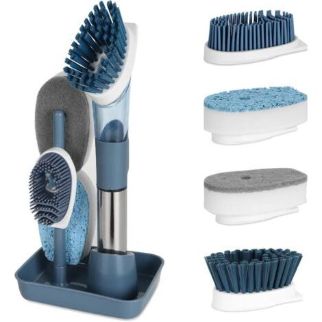 4 en 1 Brosse à Vaisselle avec Distributeur de Liquide, Brosse pour Vaisselle avec Manche et Support, Brosse de Cuisine Rechangeable pour Lavage Vaisselle, Nettoyage Casserole Poêle Évier, Bleu (1/5)