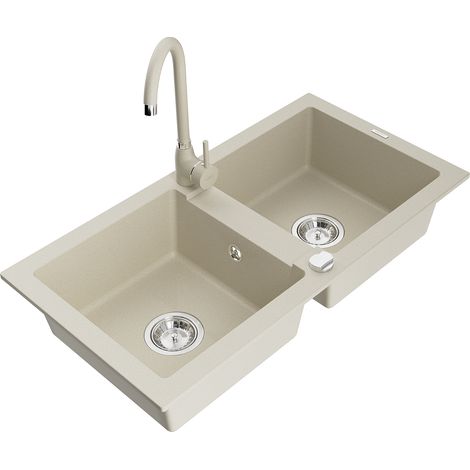 Mexen Mario lavello da cucina in granito a 2 vasche con rubinetto Telma, beige - 6504-69-670200-69 (1/5)