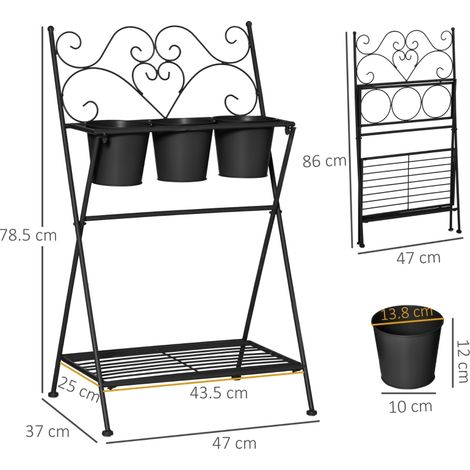 Support plantes métal pliable noir 47x37x78,5cm, ensemble pot étagère maison jardin (1/4)
