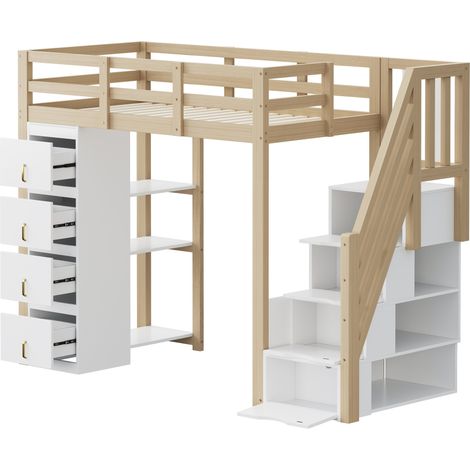 Letto a soppalco 90 x 200 cm in legno naturale con contenitori e scaffale (1/5)