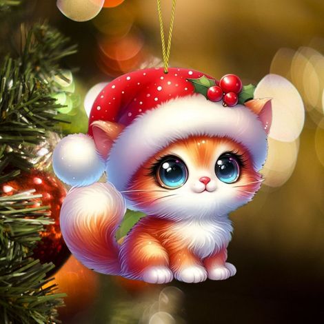 Guirlande Chat Noël - Décoration Arbre De Noël En Acrylique 2D - Suspension Intérieur Voiture Clé - Lot De 6 (1/5)