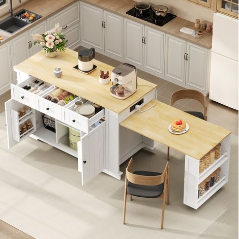 Isla de cocina móvil con mesa abatible y enchufes, blanco y natural OKMYHOME (1/5)