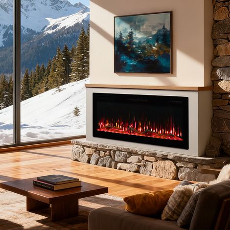 HOMAVO 50" Chimenea Eléctrica con Mueble, 1000/2000W, Control APP, 12 Colores de Llama 3D, Dimensiones: 150 x 30 x 60 cm (1/5)