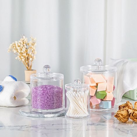 Boîte de rangement acrylique transparent pour cotton et swabs - 3 pièces, PS plastique durable, conteneur organisé pour bathroom et accessoires. (1/4)