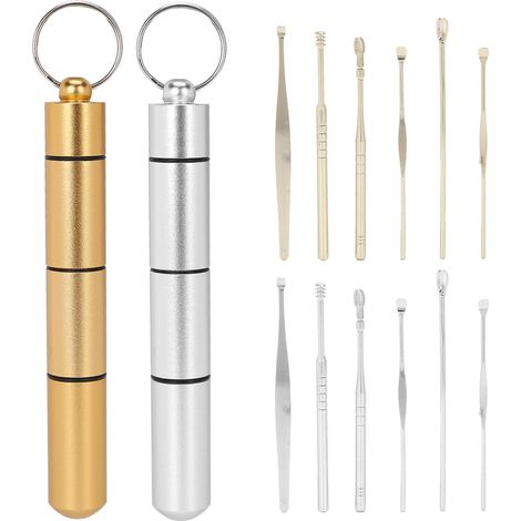 Kit de retrait de cérumen en acier inoxydable, cure-oreilles réutilisable, ensemble de nettoyage auriculaire (Or + Argent) (1/5)