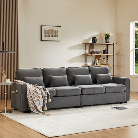 Sofá de 4 plazas 290x83x88cm, con consola y 4 cojines, con 2 portavasos y USB, lino, gris oscuro (1/5)