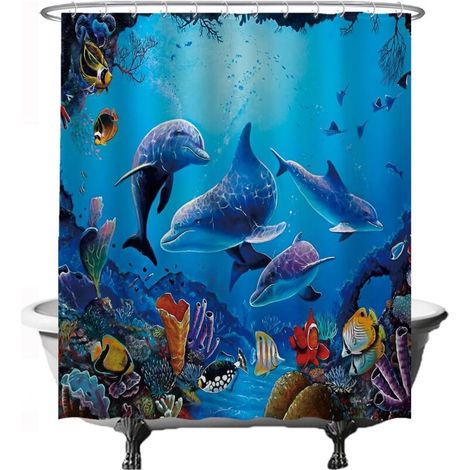 CCYKXAA 180 x 200 cm Blauer Duschvorhang - Natur Delfin Meer Aquarium Fische Korallen Anti-Schimmel (1/4)