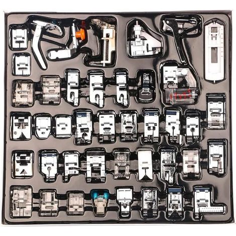 Kit de 42 pieds-de-biche professionnels pour machines à coudre domestiques Bruder, Baby Lock, Sänger, Elna, Toyota, New Home, Simplicity, Janome, Kenmore et White Low Shank. (1/5)