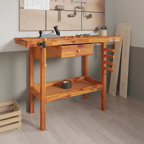 Établi d’atelier avec tiroir et 2 étaux en bois d’acacia massif 124 x 52 x 83 cm - PANGIVO (1/5)