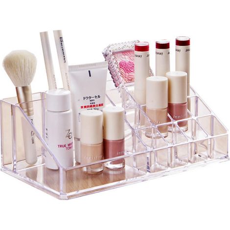 Boîte de rangement cosmétique transparente, idéale pour les cosmétiques, les parfums et les accessoires de beauté.