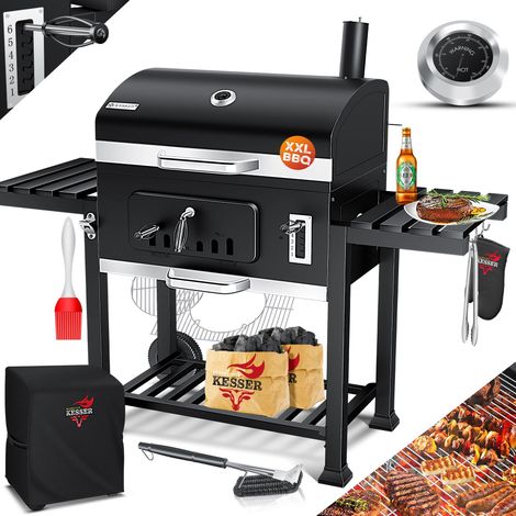 KESSER® BBQ Smoker XXL Carrello per Barbecue a Carbone con Coperchio, Ruote, Maniglia in Acciaio Inox, Termometro, Griglia, Spazzola, Coperchio, 8 Spiedini con Sacchetto e Spazzola in Silicone
