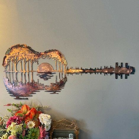 Décoration murale rétro en métal représentant une guitare, à suspendre, idéale pour l'intérieur et l'extérieur, pour bureau, maison ou studio de musique. (1/5)