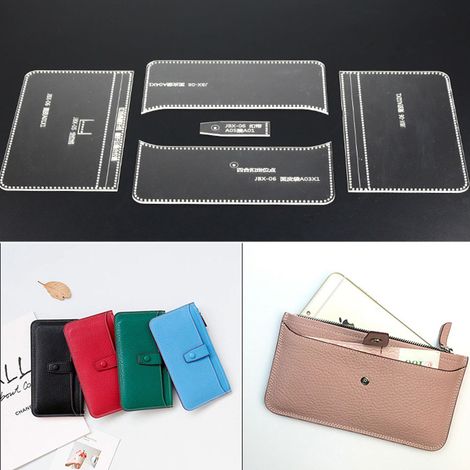 Modèle de patron artisanal en cuir acrylique à réaliser soi-même pour réaliser des sacs pour téléphone portable, des portefeuilles longs et des pochettes.