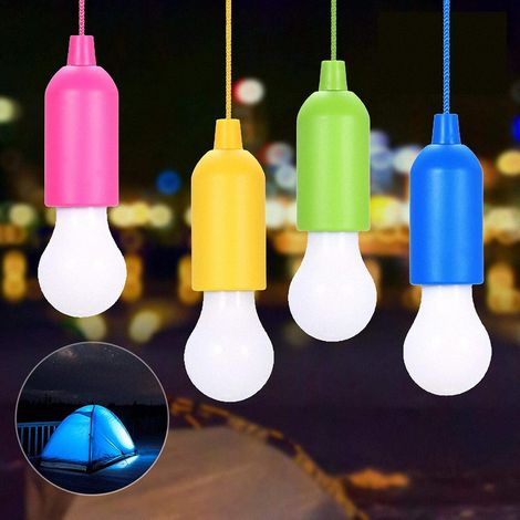 Lot de 4 lampes à tirette LED portables pour le camping, avec interrupteur à tirette et ampoules LED blanches colorées. (1/4)