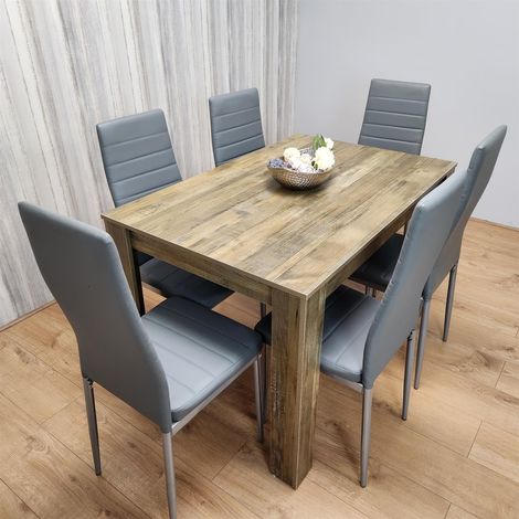 Dining Table and 6 Chairs Rustic Effect Wood Table 6 Grey Leather Chairs Dining Room (1/5)
