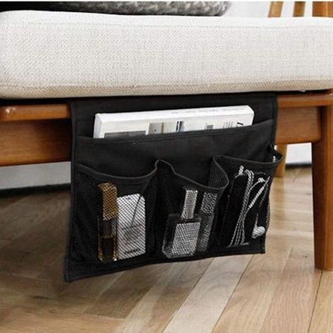 Organiseur de chevet - 4 Poches - Pour lit ou canapé - Sac de rangement à suspendre - Étui support pour livre, téléphone, lunettes, télécommande - Noir (1/4)