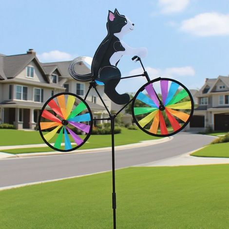 Lot de 2 moulins à vent 3D résistants aux intempéries - Vélo animal - Carillon éolien pour chien et chat - Pour l'extérieur, la cour, la pelouse, l'arc-en-ciel (chat noir) (1/4)