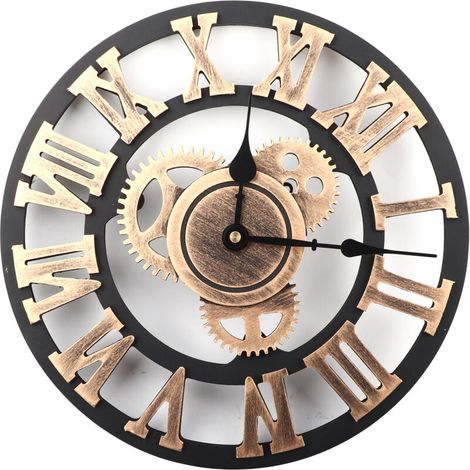 Jeffergarden Horloge Murale 3D Rustique Faite à la Main en Bois Décor Vintage pour Salon/Bureau/Bar 30cm Or-DOU