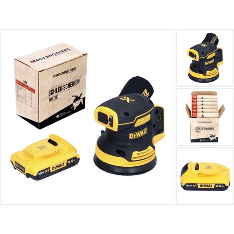 DeWalt DCW 210 N Akku Exzenterschleifer 18 V 125 mm Brushless + 1x Akku 2,0 Ah + 1x Toolbrothers TURTLE Schleifscheiben Set - ohne Ladegerät