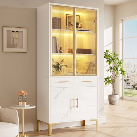 Vetrina 75x38x170 cm con LED controllabile tramite app, 2 cassetti, ante in vetro, MDF e pannelli bianchi (1/5)